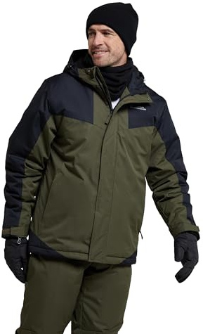 Mountain Warehouse Dusk Mens Ski Jacket - Water Resistant Fleece Lined Rain Coat with Snow Skirt, Adjustable Hood & Cuffs - For Skiing, Snowboarding & Outdoors Dark Khaki L