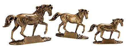 eberin · Reitsport-Pokal, Resinfiguren Pferde, altgold Bronze, mit Wunschtext, wählbar in 3 Größen, oder als 3er-Serie