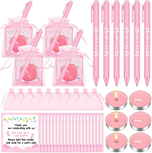 Ctosree 50 Sets Baby Shower Favors for Guests Include 50 Pcs Tea Light Candle Bulk Thank Tag and Chiffon Bag with Drawstring Retractable Ballpoint Pen for Gender Reveal Party Supplies(Girl,Pink)