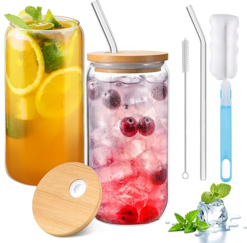 Xsiuyue 2 Pack Drinking Glasses with Bamboo Lids and Straws, 16oz Iced Coffee Cup, Glass Tumbler for Beer, Cocktail, Milk, Ice Water, Juice, Coffee, Soda, Whiskey
