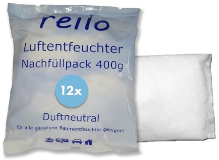 reilo 12x 400g Luftentfeuchter Granulat (Calciumchlorid), Raumluftentfeuchter im Vliesbeutel, Nachfüllpacks für Entfeuchterboxen 400 bis 1200g, Lufttrockner für Wohnräume, Schlafzimmer, Keller