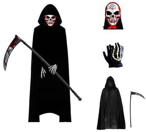 Disfraz de Parca para Halloween 140 cm Disfraz Muerte Adulto con Capa Negra con Capucha, Máscara de Esqueleto, Guantes y Hoz