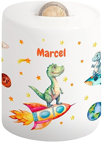 Süße Kinder-Spardose mit Namen „Dino Astronaut“ – Dinosaurier Sparschwein für Mädchen & Jungen – personalisiertes Geschenk Einschulung Taufe Geburtstag Weihnachten – Geldgeschenk-Verpackung Kinder