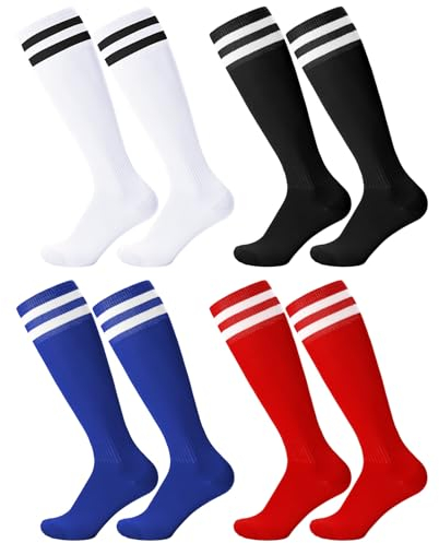 Firtink 4 Paare Fußballsocken Kinder, Sportsocken Fußball Socken Trainingssocken Fussball Socken für Jungen und Mädchen Fußballtraining, Laufen, Sport, Schwarz, Weiß, Rot, Blau