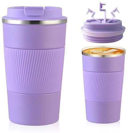 Senshuomy Travel Mug, Insulated Coffee Cup with Leakproof Lid, Reusable Coffee Cups Travel Cup, Stainless Steel thermaol Mug for Hot Cold Drinks (Purple 380ml)