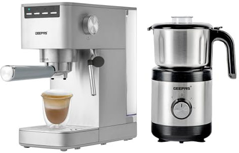 GEEPAS 1450W Espresso & Cappuccino Coffee Machine & 450W Coffee Grinder Combo Set | Milk Frother, 1.4L Water Tank | Wet & Dry Coffee Grinder Mill for Spices Chutney, 800ML Capacity, 2 Speed Pulse