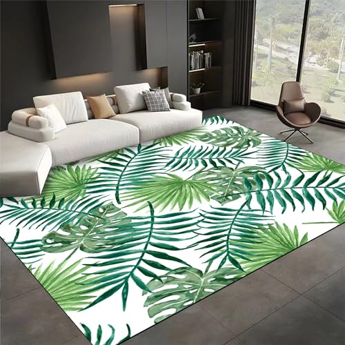 USHIRUG Tropical Palm Leaf Area Carpet, 5x7ft, Monstera Reed Rug for Bedroom, Shed Resistant Low Pile Foldable Kids Rug, Rubber Backed Washable Anti-Slip Carpets for Dining Room Living Room