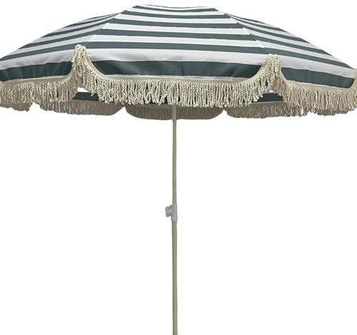 Parasol Plage avec Frange，180cm Parasol de Jardin Exterieur Inclinable, Hauteur Réglable, pour Jardin, Pelouse, Piscine, Table de Cour