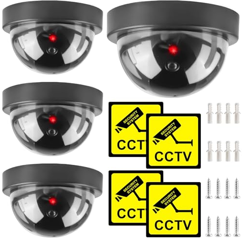 Dummy - Telecamera di sicurezza per sorveglianza finte, 4 pezzi, CCTV con luce LED lampeggiante, telecamera di sorveglianza a cupola, finta finta finta fotocamera a cupola per interni ed esterni