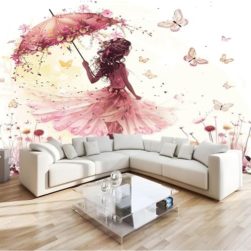 Tapete Fototapete 3d Effekt Cartoon-MäDchen-Schmetterling Wandbild Wanddeko für Wohnzimmer Schlafzimmer, Mehrfarbig Vlies Tapeten mit Geruchsfreiheit Wandposter Wandkunst, 350x256cm