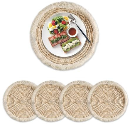 Octonyluck Round Braided Placemats Set of 4, 12 Round Rattan Placemats, Natural Hand-Woven Water Hyacinth Placemats, Farmhouse Weave Place Mats, Woven Table Mats for Dining Table,Home,Wedding