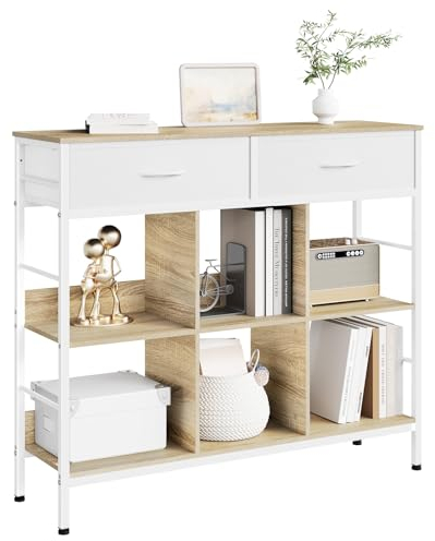 WOLTU Regal, Bücherregal mit 2 Schubladen, 6 offenen Fächern, Standregal mit Metallrahmen, Aufbewahrungsregal freistehend, für Wohnzimmer Arbeitszimmer Schlafzimmer, Rustikales Braun, Schwarz
