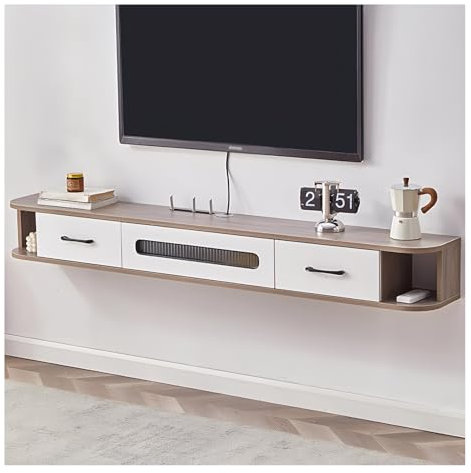 Moderne, wandmontierte Medienkonsole mit großem Stauraum, Glastür und Schubladen, Grau (120 cm), ideal für Wohnzimmer und Büro