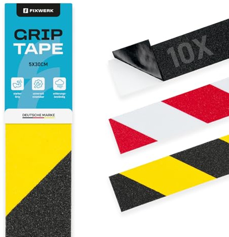FIXWERK Halkfri tejp | grepptejp | självhäftande | väderbeständig | halkfri | 5 cm x 30 cm | 10 stycken (svart-gul)