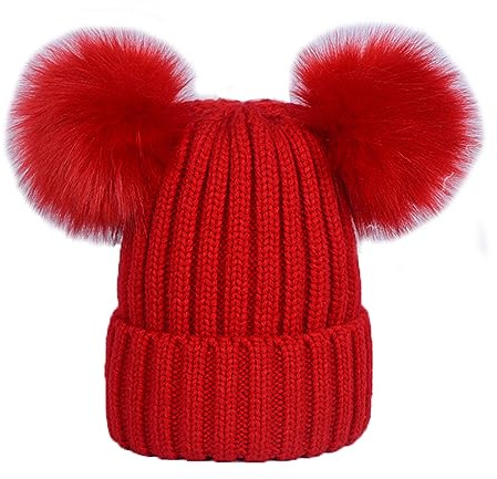 Ayuduots Winter-Strickmütze für Damen, warme, weiche Strickmütze mit 2 Bommeln für Mädchen, doppellagige Totenkopfmütze mit Strickbündchen