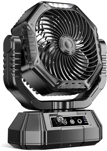 VTHW Camping Ventilator, 20000mAh Wiederaufladbarer Ventilator mit LED Licht & Haken, 270° Drehung, Stufenlose Geschwindigkeit, Timer-Modus, USB Tischventilator für Indoor Outdoor (Schwarz)