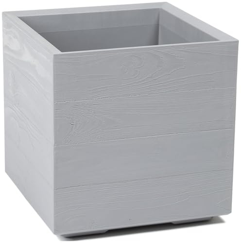 HowHomely Blumentopf Grau 40 x 39 x 39 cm Pflanzkübel Groß Außen - Pflanzkasten auf Rollen mit Abflussstopfen - Pflanzkübel Holzoptik für Garten und Terrasse