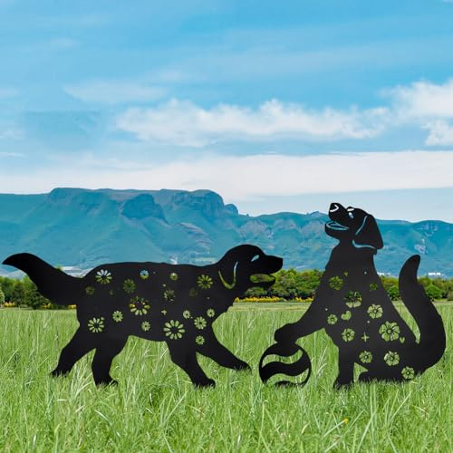 Lot de 2 piquets décoratifs de jardin en métal pour l'extérieur, statues de silhouette de chien noir pour femmes, hommes, amoureux des chiens, cadeaux pour les amoureux des chiens, décoration d'art