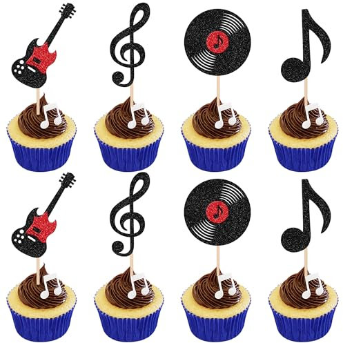 Xsstarmi 24 Pack Music Theme Cupcake Toppers Black Glitter Guitar Record Music Notes Cupcake Picks for Rock Musician Singer Happy Birthday Party Cake Decorations
