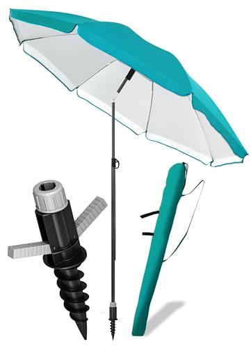 4smile Sonnenschirm Strand SunnyJoy Ø 180 cm, 3er Set - Strandschirm mit UV Schutz 50+, inkl. Sonnenschirm Schutzhülle und Bodenhülse - Strandschirm windfest stabil, Sonnenschutz Strand, Türkis
