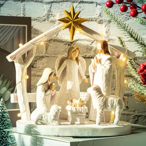 CHUANGLI Nativity Scene with Lights, Nativity Story Resin Sculpted Hand Painted Nativity Figurine Set for Christmas Decoration Holy Family Manger Scene for Christmas Indoor Tabletop Decorations