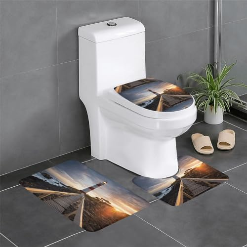 Bathroom Mat Sets 3 Piece Lighthouse U Shape Wc Toilet Rug Cozy Machine Washable Contour Mats, For Floor Tub, Bedroom, Outdoor