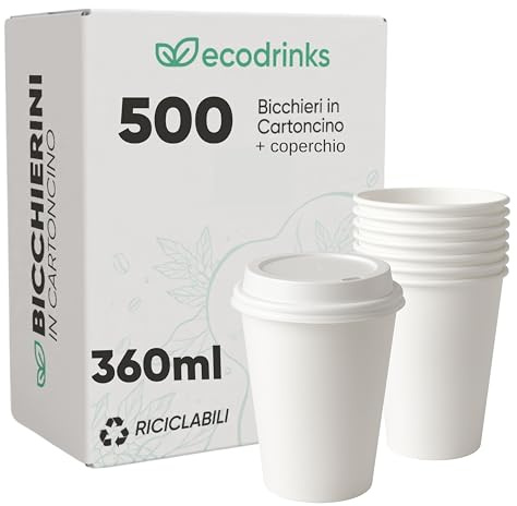 ecodrinks 500 Bicchieri di Carta con Coperchio di Plastica da 360ml - Per Caffè Lungo, Espresso, Ginseng, Acqua o Cocktail - Adatti all'Uso Domestico, e Attività, Bianchi