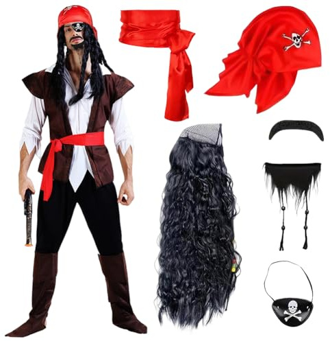 MIFKLMV 6 Pcs Pirate Costume Set, Halloween Pirate Costume Set, Includes pirate wig, bandana, beard, eye patch, and belt, Cosplay costume accessories, for Halloween and carnival parties.