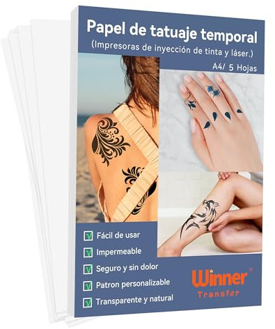 WinnerTransfer-Papel de transferencia de tatuaje,Imprimible personalizado,defínelo como quieras.Perfecto para Fiesta,tattoo Papel Transfer,Inkjet/Láser A4X5 Hojas