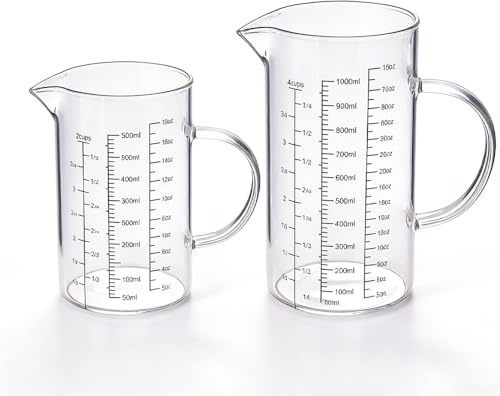 2 Stück Messbecher Set Glas 500ml + 1L, Transparent Messbecher Glas mit Ausguss und Griff, 3 Messskalen (Ml/Oz/Tassen), Messkrug für Backen und Kochen, Präzise Skala, Mikrowellengeeignet