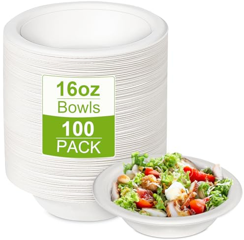 100 Pack Paper Disposable Bowls 16oz White Heavy Duty Sugarcane Soup Dishes | Eco-Friendly, Sugarcane Rigid White Bowls Compostable Biodegradable Soup Microwavable Bowl for Party BBQ Picnic