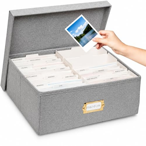 kroucoco Linen Photo Storage Box,hold up to 1700 Photos of 4x6”,Photo Containers with Dividers,Photo Storage Organizer with Lid for Cards,Pictures,Stickers,Scrapbooks,Stamps (Grey)