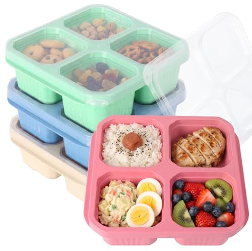 Kryndle 4 Pack Snack Box, 4 Compartments Stackable Square Bento Lunch Box | Reusable Food Storage Container Suitable for Kids & Adults, Ideal for School, Office, Travel and Picnic