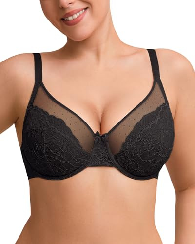 MYSABIELA Minimiser Bras for Women, Full Coverage Supportive Lace Underwired Bra, Unlined Floral See Through Size Minimizer Underwear