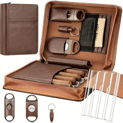 Racocou Lädercigarreseset med humidor, inkl. 2 giljotinskärare, stans, fuktighetsförpackningar, akrylbricka och multifunktionellt fodral – Perfekt present till män,Brown