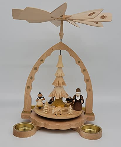 ISDD German christmas pyramid forest, height 27 cm/11 inch, natural with tealights, original Erzgebirge by Richard Glaesser Seiffen