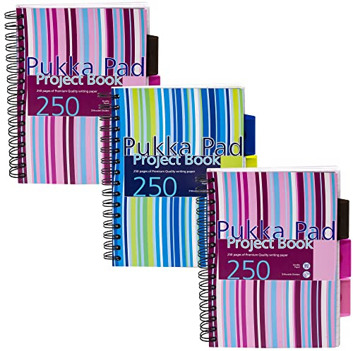 Pukka Pad, A5 Striped Project Notebook 3-Pack - 21 x 14.9cm - Wirebound Notebook with 8mm Feint Ruled Lines on 80GSM Paper – Includes 3 Repositionable Dividers with Storage Pockets - 250 Pages