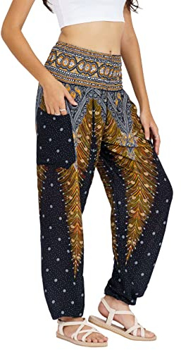 Lofbaz Damen Haremshose Yogahose Pumphose Hippie Hose Boho Kleidung Festival Outfit Sommerhose Leicht Sommer Hosen - Peacock 1 Schwarz M