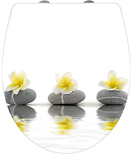 WENKO WC-Sitz Hochglanz Acryl Stones with Flower, High Gloss Oberfläche, hygienischer Toilettendeckel mit Absenkautomatik, aus antibakteriellem Duroplast, 39 x 45 cm
