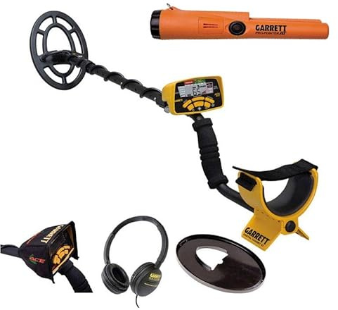 Garrett – Metalldetektor Ace 300 i mit 3 Zubehörteilen inklusive (Kopfhörer, Scheibenschutz, Regenschutzgehäuse) + Propointer At wasserdicht