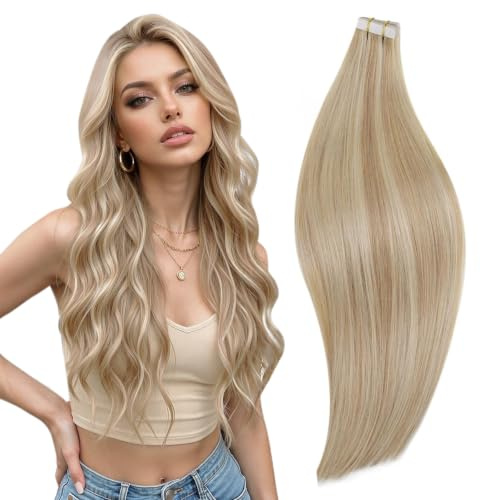 RUNATURE Tape Extensions Echthaar Aschblond Platin 20pcs #18P60 | Echthaar Extensions Tape 30cm 30g ,Hitzebeständig, Pflegeleicht,Atmungsaktiv,Glattes, Weiches Haar