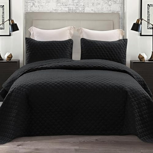 Exclusivo Mezcla Reversible Full Queen Quilt Bedding Set with Pillow Shams, Lightweight Quilts Queen Size, Soft Bedspreads Bed Coverlets for All Seasons - (Black, 90x96)