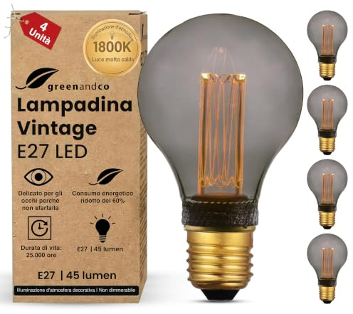 greenandco 4x E27 LED Lampa Vintage A60 Rök 2W 45lm 1800K | LED Glödlampa E27 extra varmvitt, 320° Strålvinkel, 230V, Flimmerfri, Ej dimbar