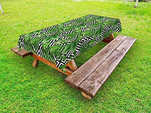 ABAKUHAUS Abstrakt Outdoor-Tischdecke, Moderne Kokosnuss-Palme, dekorative waschbare Picknick-Tischdecke, 145 x 305 cm, Schwarz Weiß Jäger-Grün