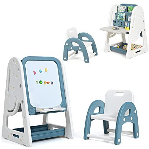 GOPLUS 2-in-1 Kindertafel, Kinderschreibtisch mit Stuhl, Höhenverstellbares Whiteboard, Schreibtisch mit Regalen & Aufbewahrungsablage, Klappbare Tischplatte, inkl. Markierstift & Tafelschwamm (Blau)