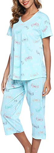 ENJOYNIGHT Ensemble de pyjama 2 pièces en coton pour femme avec haut à manches courtes et pantalon capri