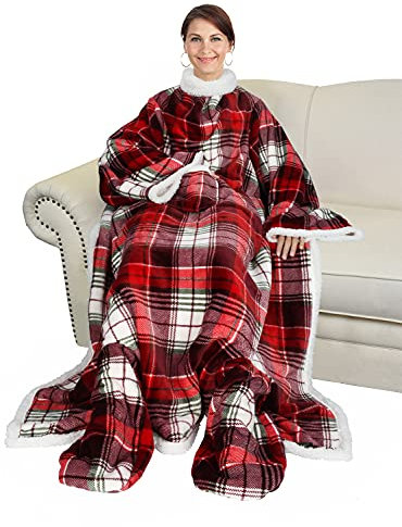 Catalonia Sherpa Tragbare Decke mit Ärmeln und Fußtaschen für Erwachsene, Damen und Herren, bequeme Kuscheldecke mit Wickelärmeln, Geschenkidee, kariert
