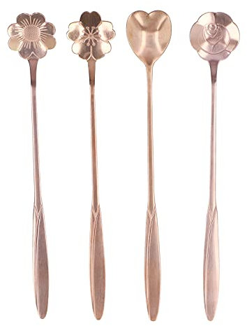 Juego de cucharas de café de 4 piezas, juego de cucharaditas de flores, cucharas de café expreso para café, postre, té, aperitivo, 7.1 pulgadas(Oro rosa)