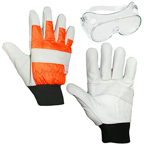Spares2go Large Hi Visibility Chainsaw Protective Gloves - Size 10 - Both Hands Protected by Ballistic Padding + Safety Goggles