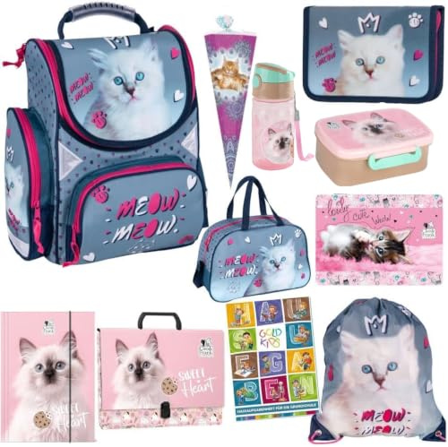 Goldkids Schulranzen Katze Cat Motiv ergonomischer Ranzen Federmappe Turnbeutel Brotdose Trinkflasche Sporttasche Zuckertüte Aufgabenheft für die Grundschule 8er Set.